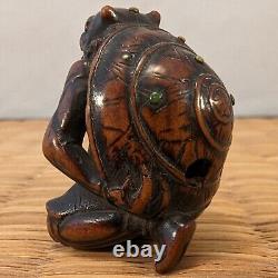 Antique Japanese Wood Netsuke Setsubun Oni Demon Yokai hit with Inlaid Beans