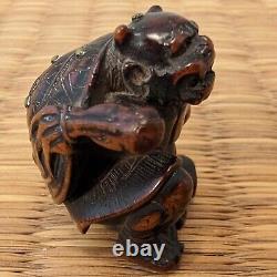 Antique Japanese Wood Netsuke Setsubun Oni Demon Yokai hit with Inlaid Beans