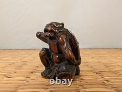 Antique Japanese Wood Netsuke Setsubun Oni Demon Yokai hit with Inlaid Beans