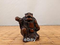 Antique Japanese Wood Netsuke Setsubun Oni Demon Yokai hit with Inlaid Beans