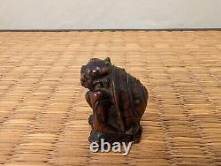 Antique Japanese Wood Netsuke Setsubun Oni Demon Yokai hit with Inlaid Beans