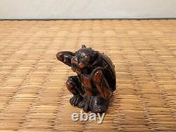 Antique Japanese Wood Netsuke Setsubun Oni Demon Yokai hit with Inlaid Beans