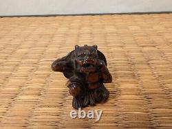 Antique Japanese Wood Netsuke Setsubun Oni Demon Yokai hit with Inlaid Beans