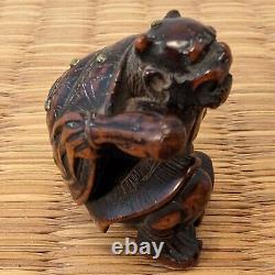 Antique Japanese Wood Netsuke Setsubun Oni Demon Yokai hit with Inlaid Beans