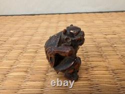 Antique Japanese Wood Netsuke Setsubun Oni Demon Yokai hit with Inlaid Beans