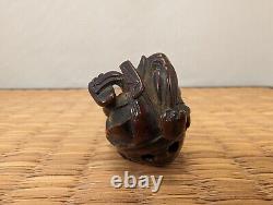 Antique Japanese Wood Netsuke Setsubun Oni Demon Yokai hit with Inlaid Beans