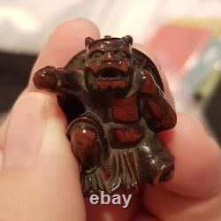 Antique Japanese Wood Netsuke Setsubun Oni Demon Yokai hit with Inlaid Beans