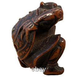 Antique Japanese Wood Netsuke Setsubun Oni Demon Yokai hit with Inlaid Beans