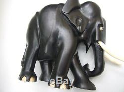 Antique Large Carved Black Ebony Wood Elephant Statue from Ceylon Vintage Decor