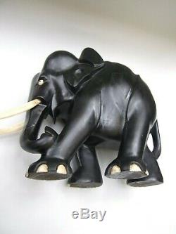 Antique Large Carved Black Ebony Wood Elephant Statue from Ceylon Vintage Decor