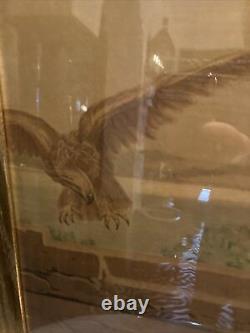 Antique Litho/Print Dog Protecting Baby from Eagle in Original Gold Wood Frame