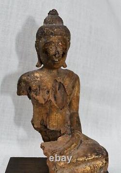 Antique Mounted Seated Primitive Wood Buddha Figure from Thailand / S. E. Asia