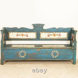 Antique Original Blue Folk Art Painted Bench With Storage from Hungary