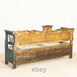 Antique Original Blue Folk Art Painted Bench With Storage from Hungary