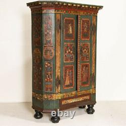 Antique Original Painted Break Down Armoire with Figures, Birds and Flowers from