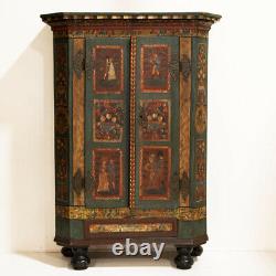 Antique Original Painted Break Down Armoire with Figures, Birds and Flowers from