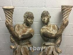 Antique PAIR Hand Carved Wood BLACKAMOORS withTorch from Venice ITALY late 1800's