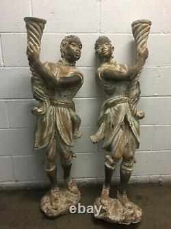 Antique PAIR Hand Carved Wood BLACKAMOORS withTorch from Venice ITALY late 1800's