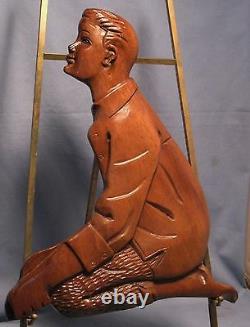 Antique Pit Sawed & Hand Carved 1-piece Solid Walnut Sculpture Boy Kneeling