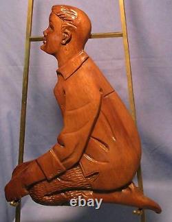 Antique Pit Sawed & Hand Carved 1-piece Solid Walnut Sculpture Boy Kneeling