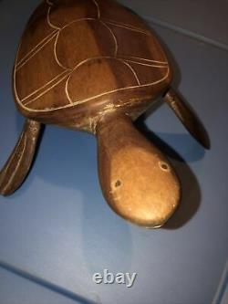 Antique Souvenir From Pitcairn Island Hand Carved Wooden Turtle, 1960 Vintage