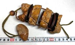 Antique Three steps Inro Netsuke Ebisuten Wood carved 2.4×3.1 inch From Japan