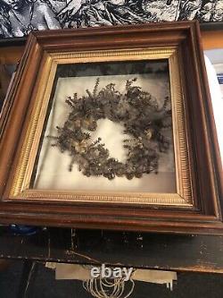 Antique Victorian Framed Mourning Wreath Made From Human Hair -Wood Shadow Box