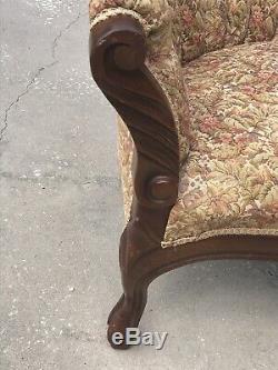 Antique Victorian Medallion Button Tuck Sofa Floral Couch from 1920 Wood Frame