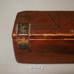 Antique Vtg 19th C 1800's Wooden Box Carved From One Piece Wood Leather Hinges