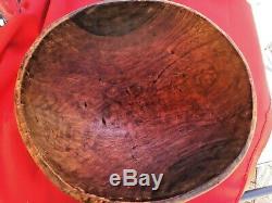 Antique hand-hewn out of round carved wooden dough bowl from tree trunk 14x13