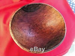 Antique hand-hewn out of round carved wooden dough bowl from tree trunk 14x13