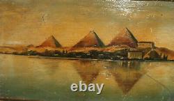 Antique impressionist oil painting landscape pyramids view from Egypt signed
