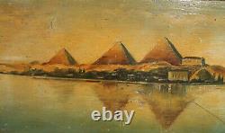Antique impressionist oil painting landscape pyramids view from Egypt signed