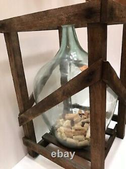 Antique large wine bottle and wood crate from Europe 15x23