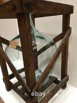 Antique large wine bottle and wood crate from Europe 15x23
