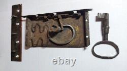 Antique musical lock and key from an old wood dower chest. 1890s. Handmade