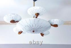 Art Deco chandelier from 1920s. Beautiful hand cut lampshades. Walnut wood