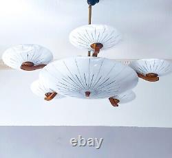 Art Deco chandelier from 1920s. Beautiful hand cut lampshades. Walnut wood