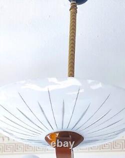 Art Deco chandelier from 1920s. Beautiful hand cut lampshades. Walnut wood