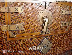 Asian Antique Chest from 1850 Brass Lock Clasp Decorative Overlay Woven Rattan