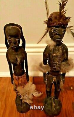 Asmat Male and Female Statues From Papua New Guinea Original Hand Carved