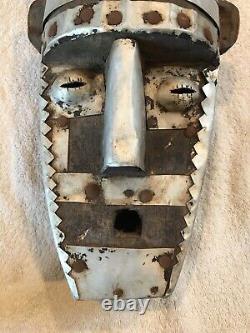 Bamana Ntomo African Mask from Mali-light metal & dark hand carved wood. 21tall
