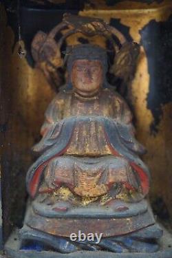 Buddhist Saint Figure in Wooden House Antique Original from Japan 1111C7