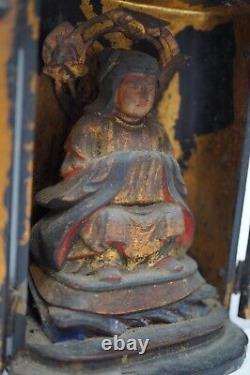 Buddhist Saint Figure in Wooden House Antique Original from Japan 1111C7