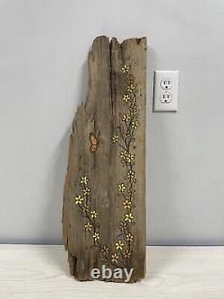 Butterfly Painting on Old Barn Wood Barnie Slice Signed-1971 From Collectors Est