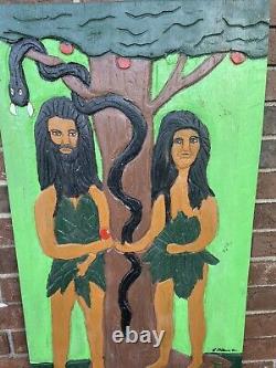 Carved Wood Wall Sculpture, Adam & Eve From Kako Gallery New Orleans Signed