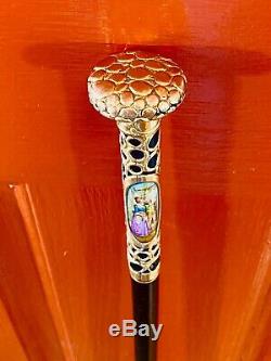 Continental Courting Cane From The 1800's, Gilt Handle, 2 Inset Ceramic Scenes