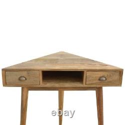 Corner Desk Hand Crafted From Solid Wood With Two Drawers & Brass Cup Handles