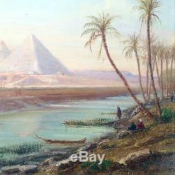 E. Huber 19th Century Oil on Panel Lanscape Great Pyramids from Nile Signed Art