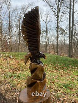 Eagle Sculpture Chainsaw Carved from Walnut 39 Inches Tall
